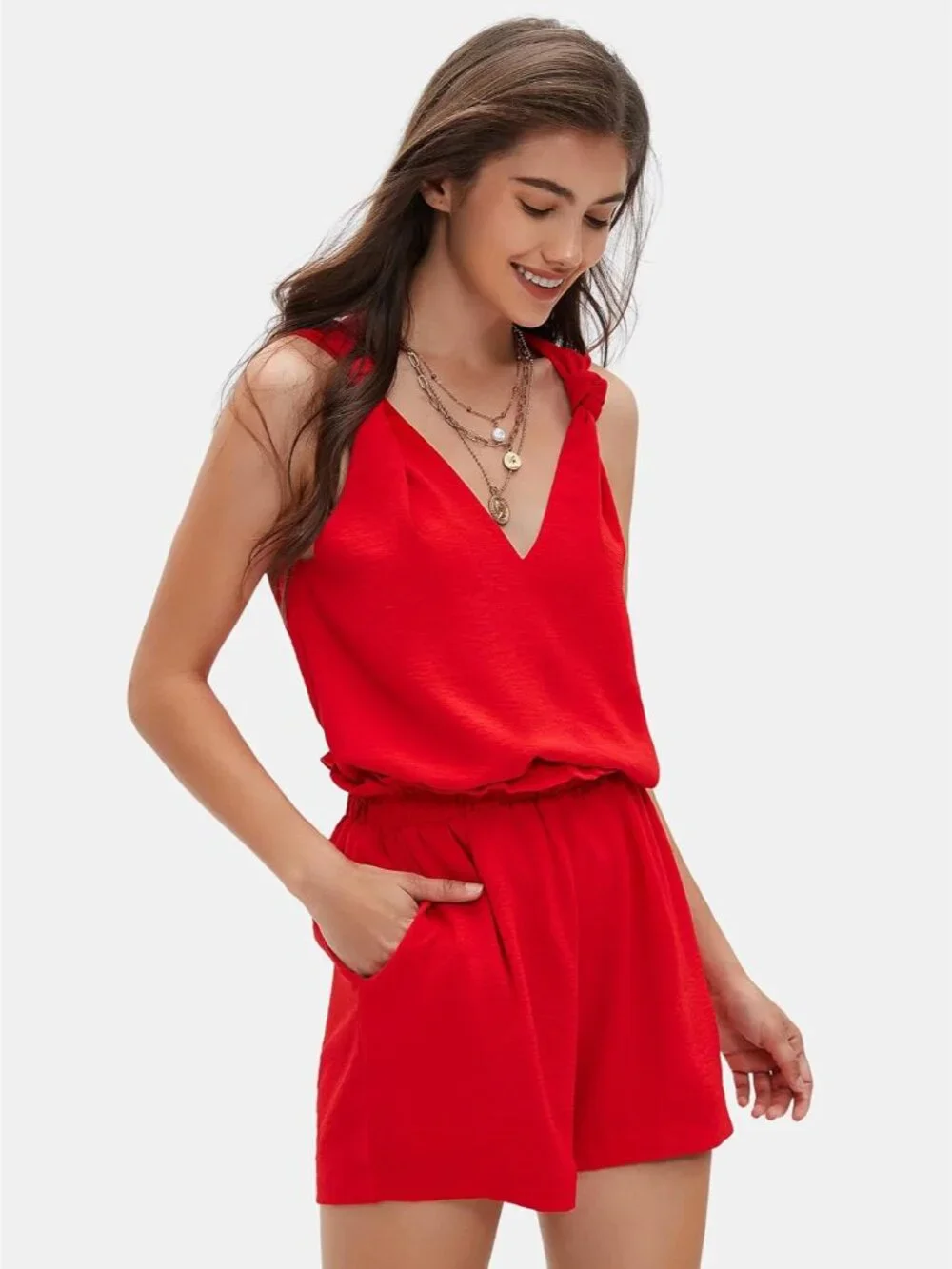 Womens Summer 2 Piece Sets Sleeveless V Neck Knotted Tank Tops Shorts Matching S